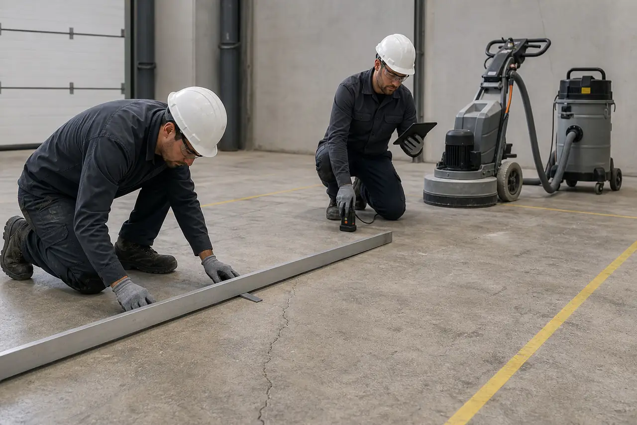 Diagnóstico ilustrativo de un piso industrial antes de definir la reparación y el sistema