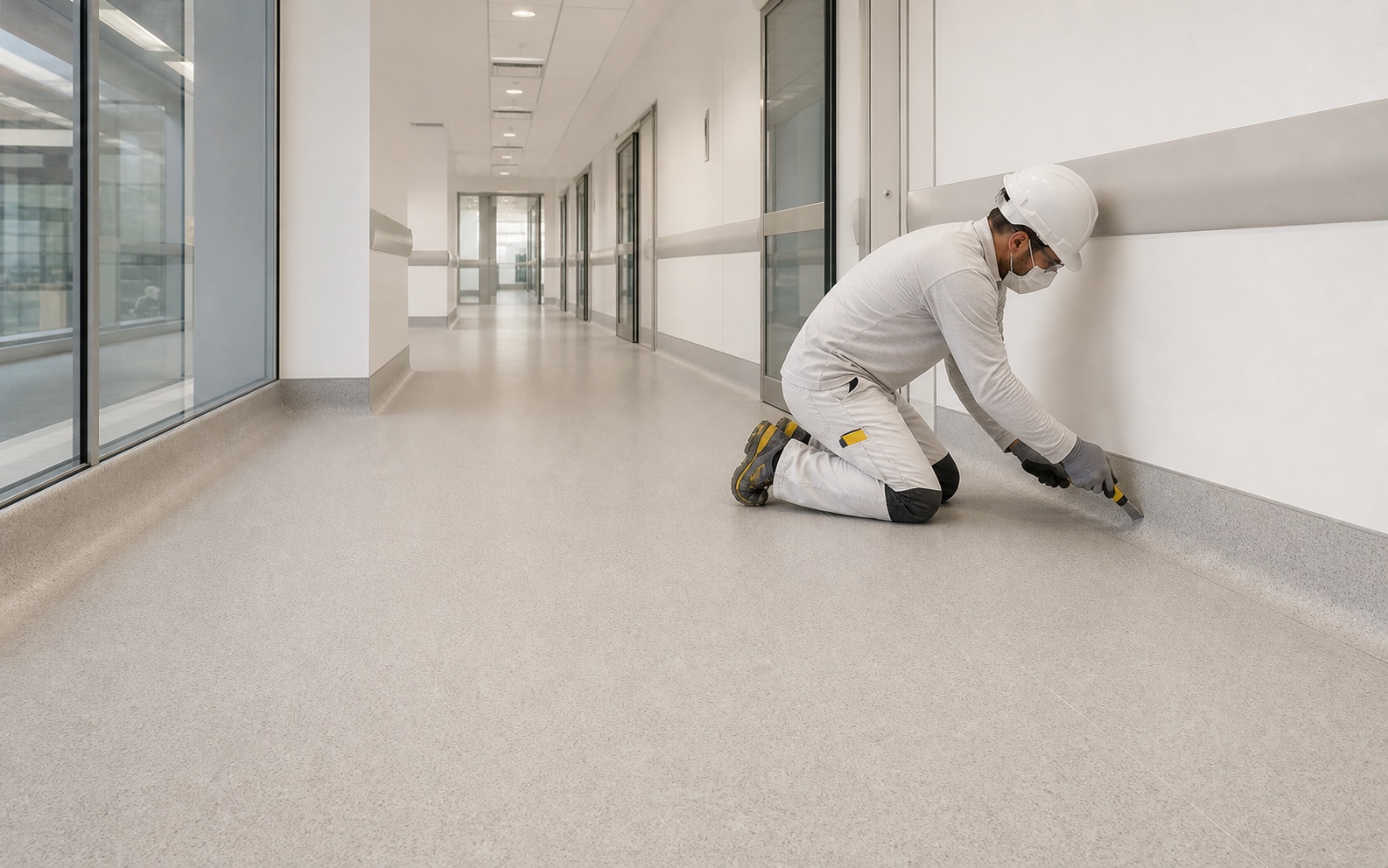 Instalación de revestimiento vinílico sanitario con zócalo curvo