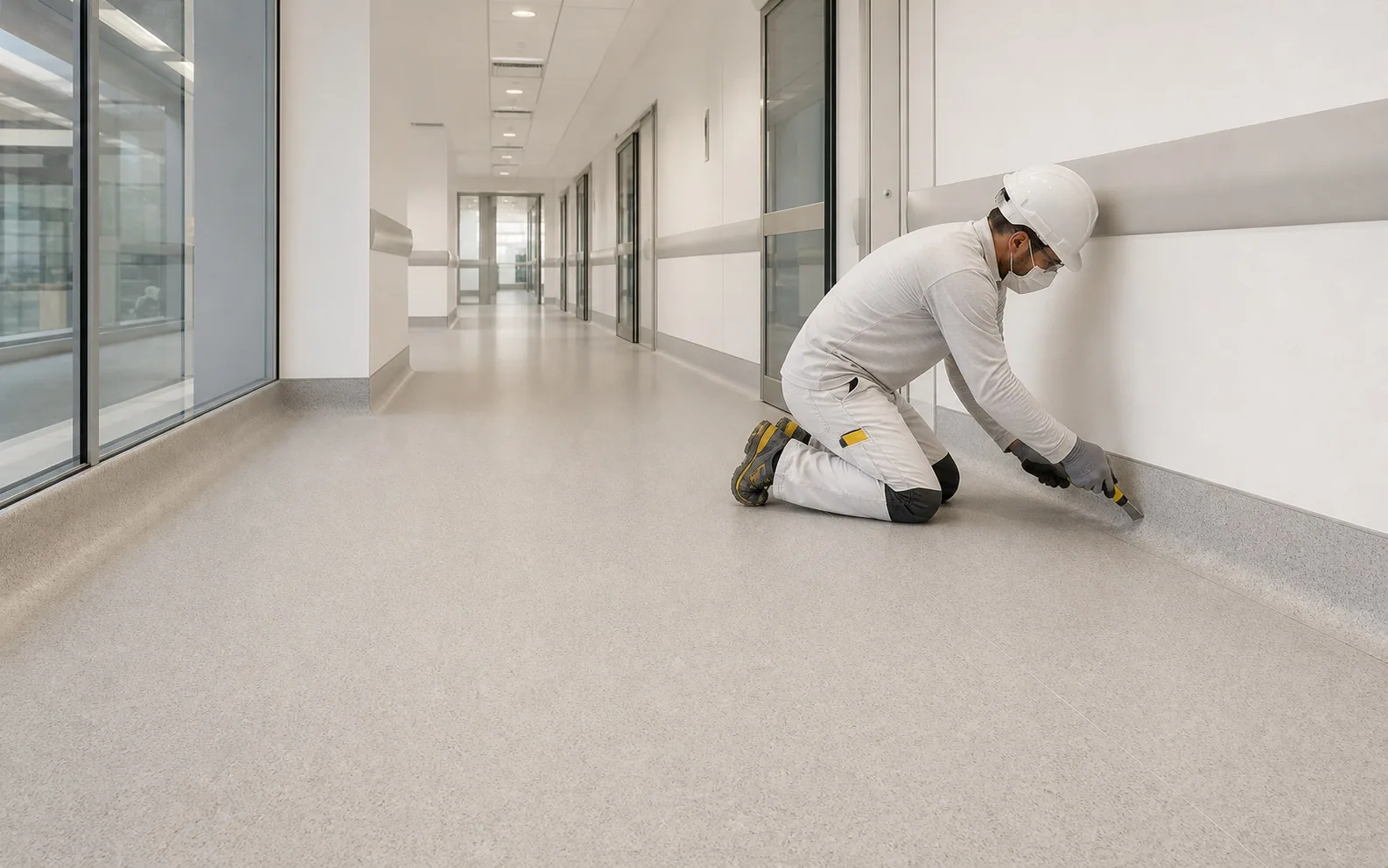Instalación de revestimiento vinílico sanitario con zócalo curvo