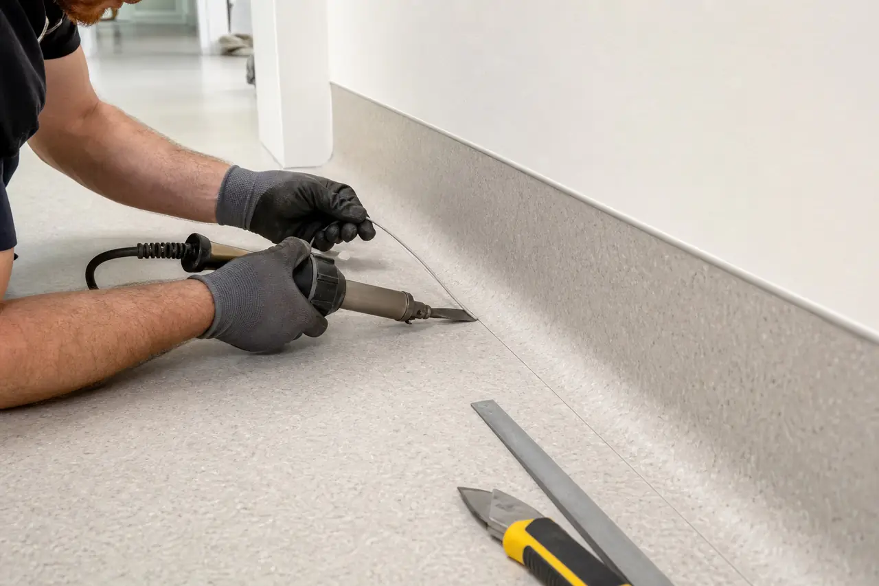 Soldadura de junta y encuentro sanitario en un piso vinílico