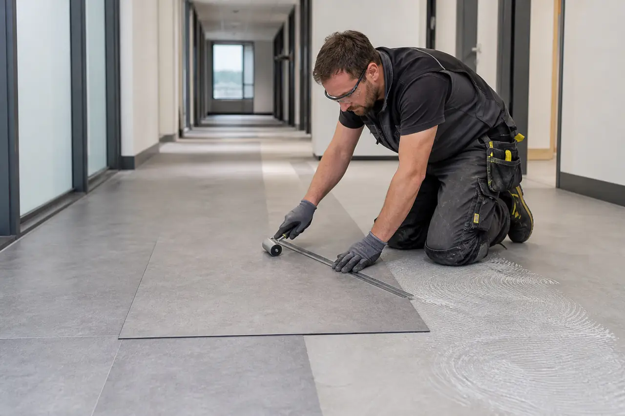 Instalación ilustrativa de un piso LVT modular en un espacio institucional